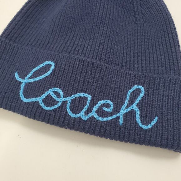 COACH Beanie Hat Cap Adult Blue Embroidered Script Logo Knit Pom Pom Designer